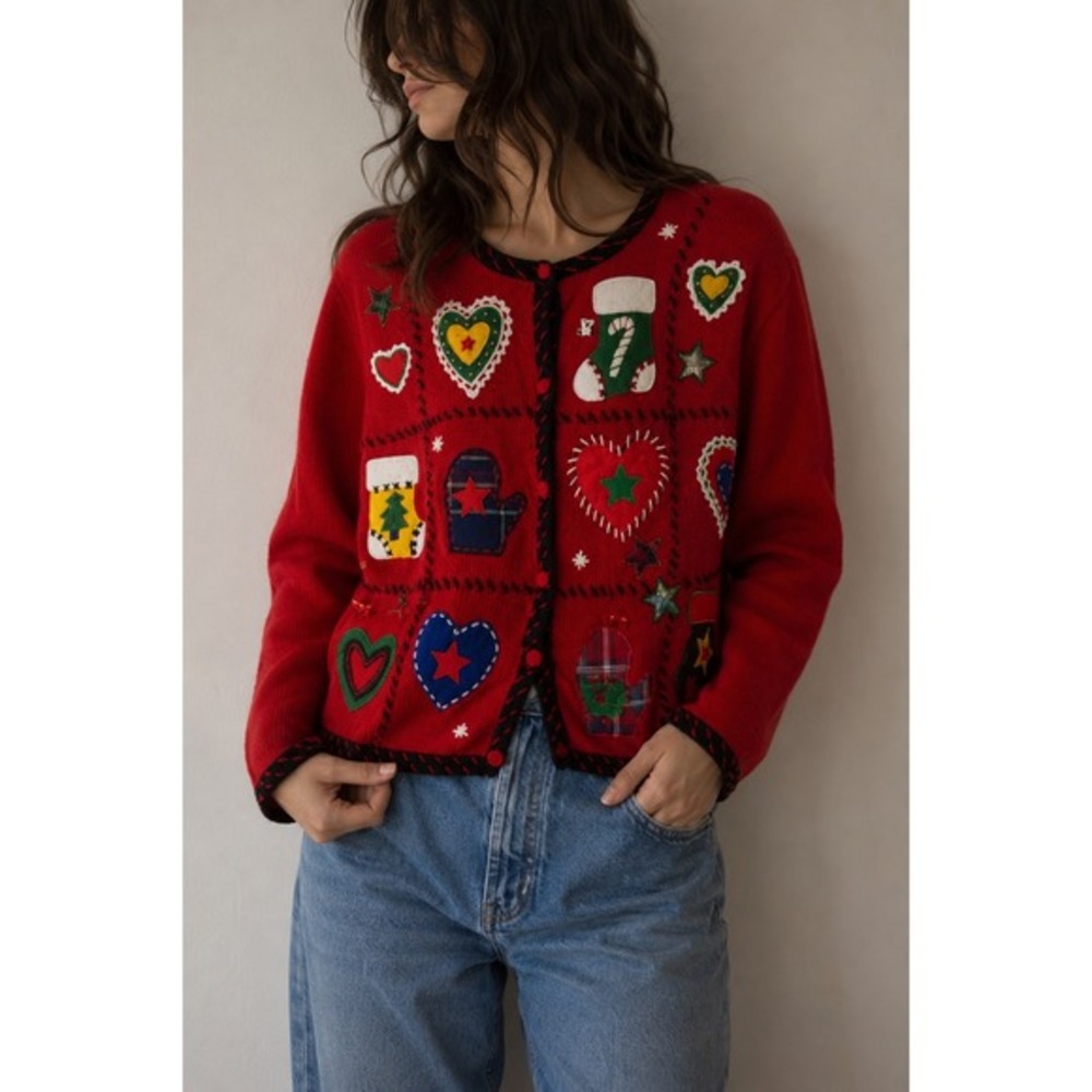 Vintage 80s Segue Christmas Cardigan Sweater Large Holiday Appliqué Knit Cottage